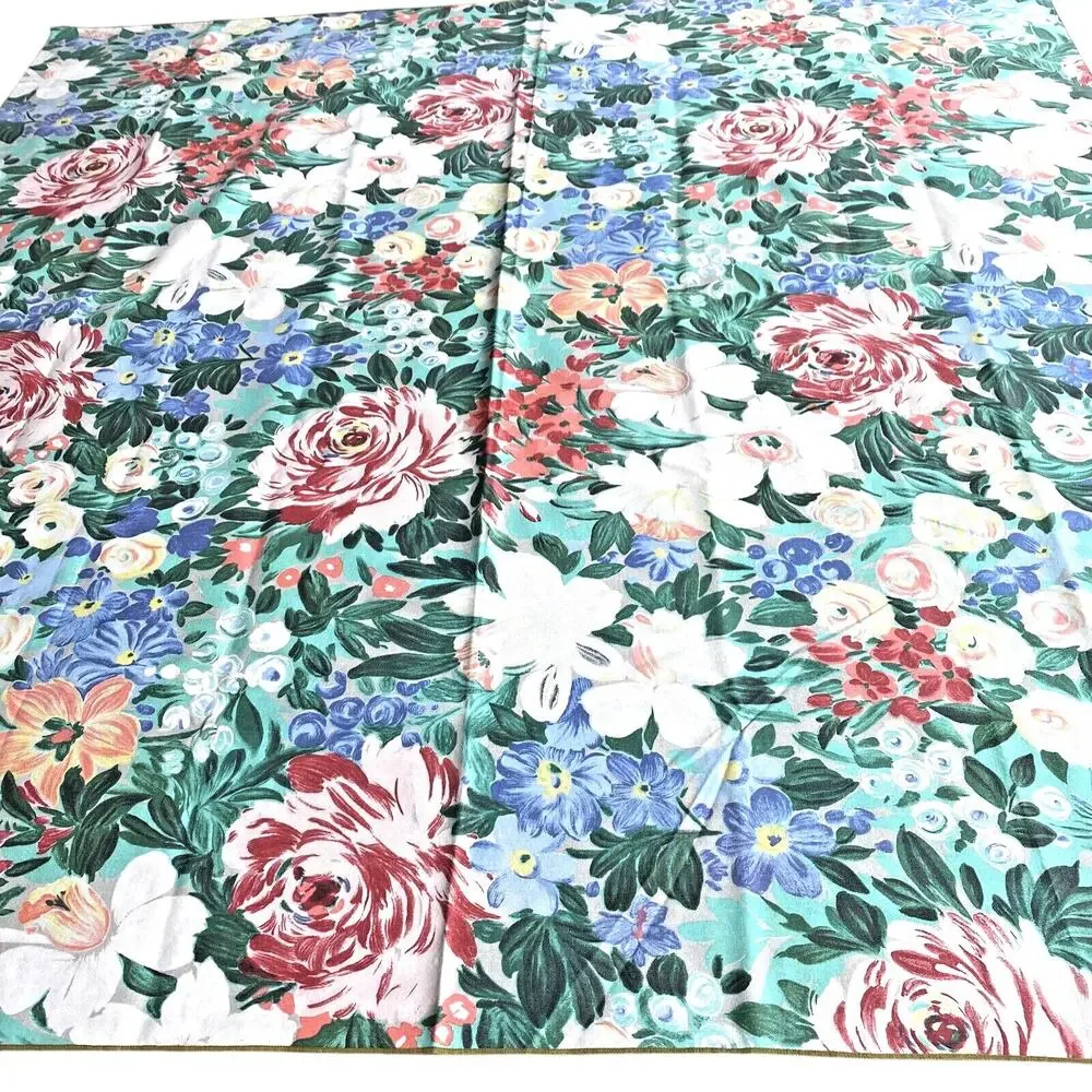 Vintage 1980s tablecloth floral motif green blue pink peach cottage farmhouse